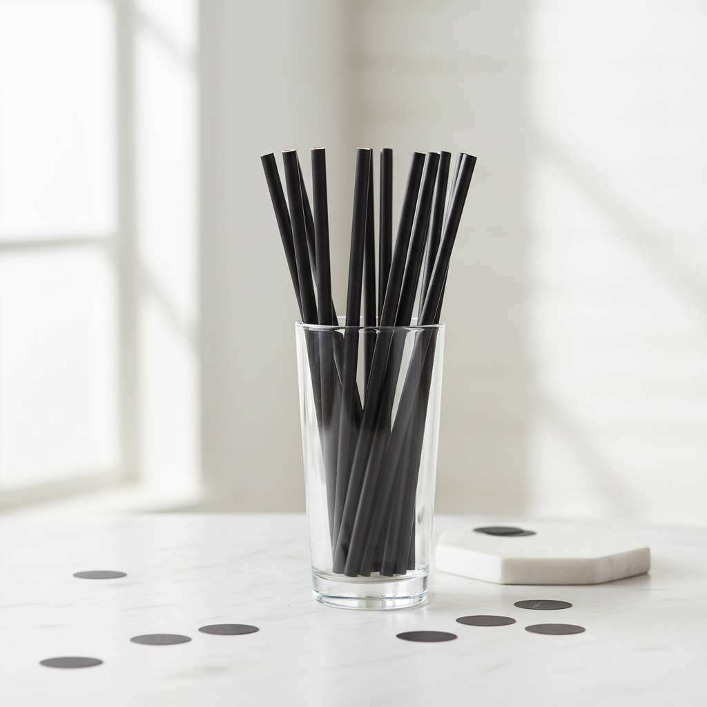 Black paper straws in glass on marble surface - premium matte finish